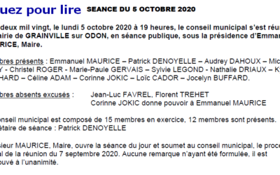 PROCES VERBAL DE LA REUNION DU CONSEIL MUNICIPAL SÉANCE  DU 5 octobre 2020