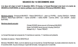 PROCES VERBAL DE LA REUNION DU CONSEIL MUNICIPAL SÉANCE  DU 14 DECEMBRE 2020