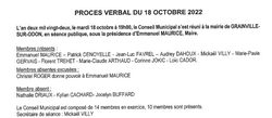 PROCES VERBAL DE LA REUNION DU CONSEIL MUNICIPAL SEANCE DU 18 octobre 2022