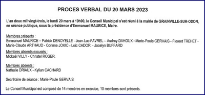 PROCES VERBAL DE LA REUNION DU CONSEIL MUNICIPAL SEANCE DU 20 mars 2023